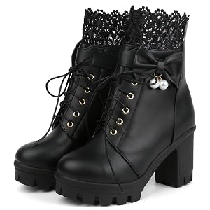 BEAUPAS Womens Gothic Platform Ankle Boots Lace-Up Combat Boot with Bow Pearl Chunky High Heel