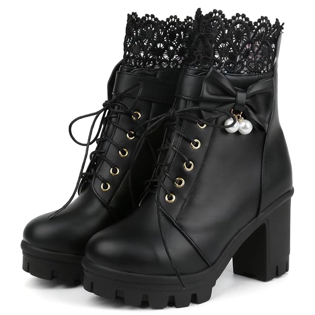 BEAUPAS Womens Gothic Platform Ankle Boots Lace-Up Combat Boot with Bow Pearl Chunky High Heel