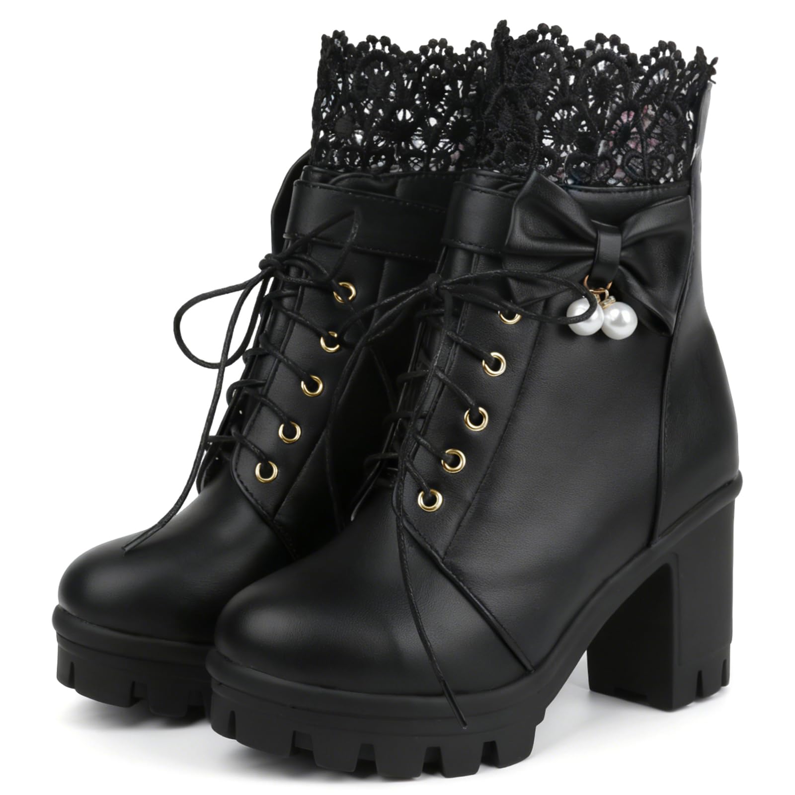 BEAUPAS Women's Gothic Platform Ankle Boots Lace-Up Combat Boot with Bow Pearl Chunky High Heel