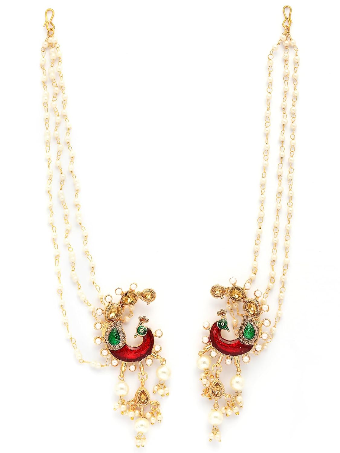 Sukkhi Most Beautiful Indian Traditional Peacock Style Gold Plated Kundan & Pearls Studded with Meenakari Work Multi Layered Earchain with Earring Jewellery For Women & Girls |E107326