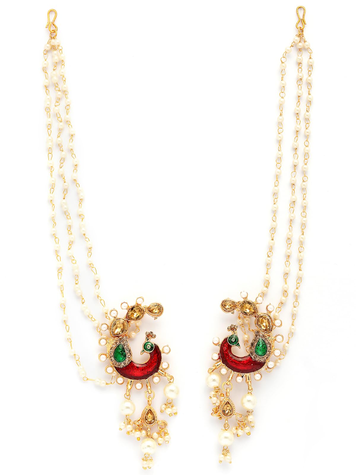 Most Beautiful Indian Traditional Peacock Style Gold Plated Kundan & Pearls Studded with Meenakari Work Multi Layered Earchain with Earring Jewellery For Women & Girls |E107326-image-16