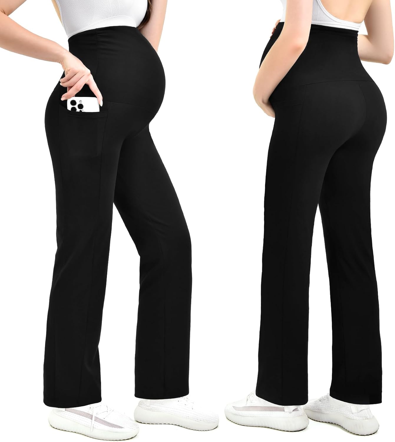 Maternity Pants with Pockets Over The Belly Lounge Wide Leg Yoga Pants for Women Pregnancy - Image 2