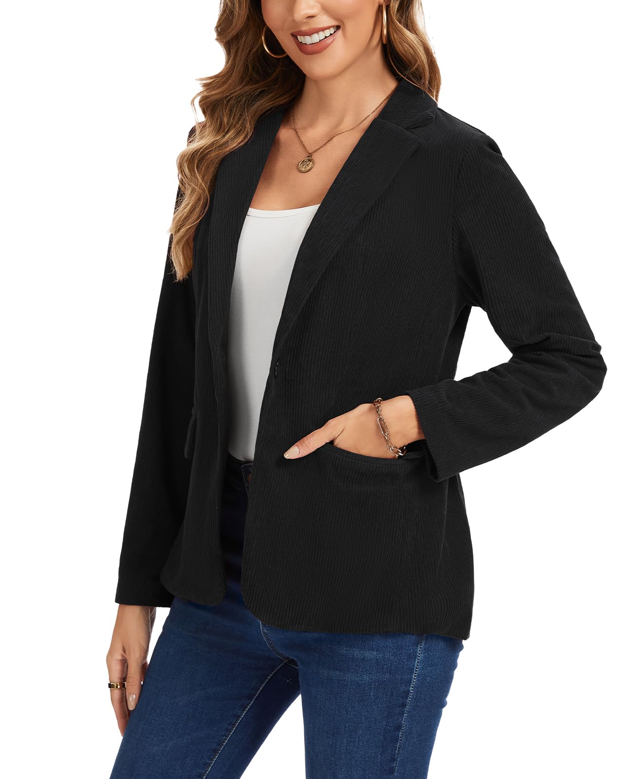 Womens Corduroy Blazers Casual Long Sleeve Notched Lapel Work Button Front Blazer Jackets Pocket