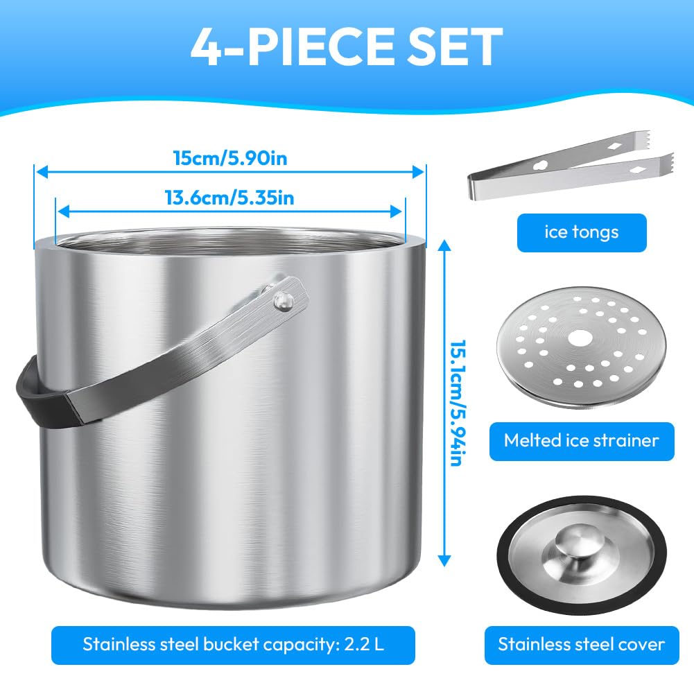 Cubitera de Acero Inoxidable con Tapa, Cubo de Hielo Aislado, Enfriador de Cerveza y Champán, Cubo de Hielo de 2,2 l, Incluye Colador y Pinzas para Hielo, Portátil y Fácil de Limpiar