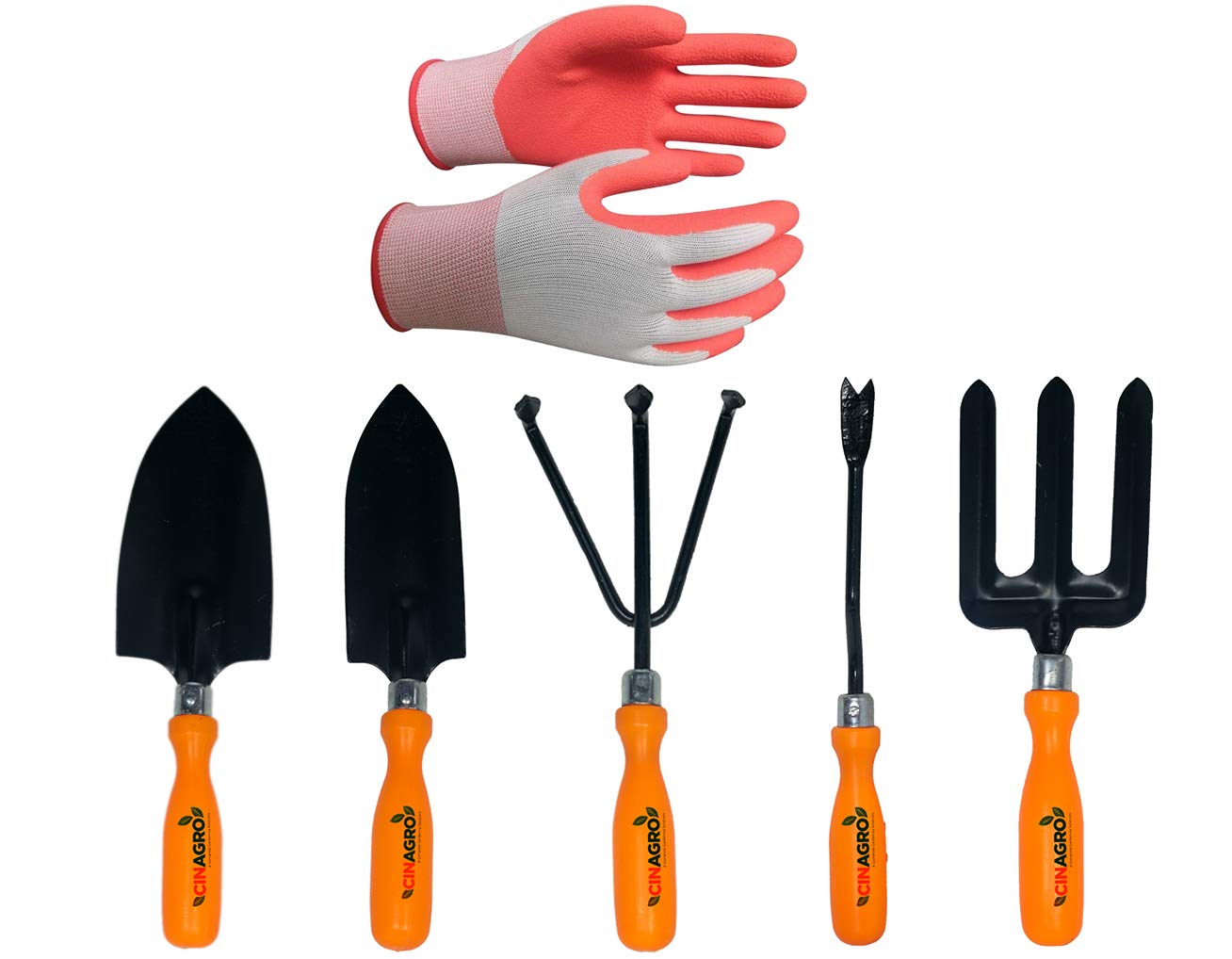 Cinagro Garden Tools Kit (Set of 6) Weeder, 2 Trowels, Hand Fork, Cultivator, Gardening Hand Gloves | Gardening Tools Kit for Home Garden, Indoor and Outdoor Gardening for Plants and Soil
