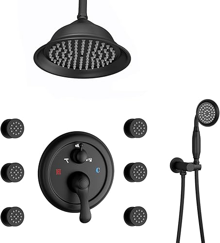 Sistema de ducha de lluvia negro mate, juego de grifos de ducha antiguos, sistema completo de chorros de ducha AYIVG con equilibrio de 3 vías, kit