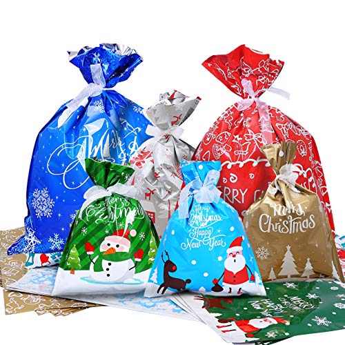 Christmas Wrapping Bags, 30Pcs Santa Gift Wrapping Bags 4 Size Assorted Christmas Goodie Treat Bags with Ribbon for Christmas Party Decorations