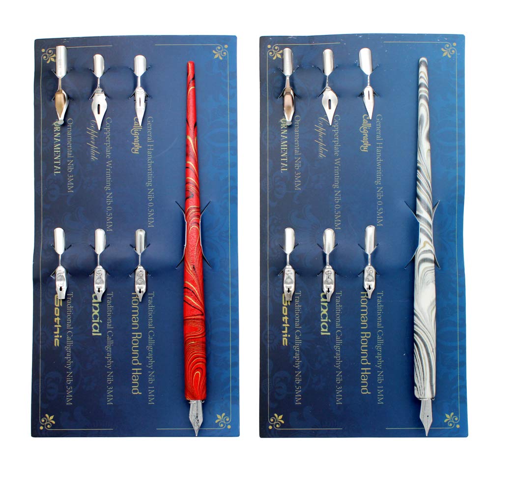 Marble Wood Manga Calligraphy Drawing Pen Kit, Professional Comic Dip Pen, Includes 2 Comic Pen Holders Handles, 12 Nibs for Lettering Sketching, Art, Calligraphy, Red and White