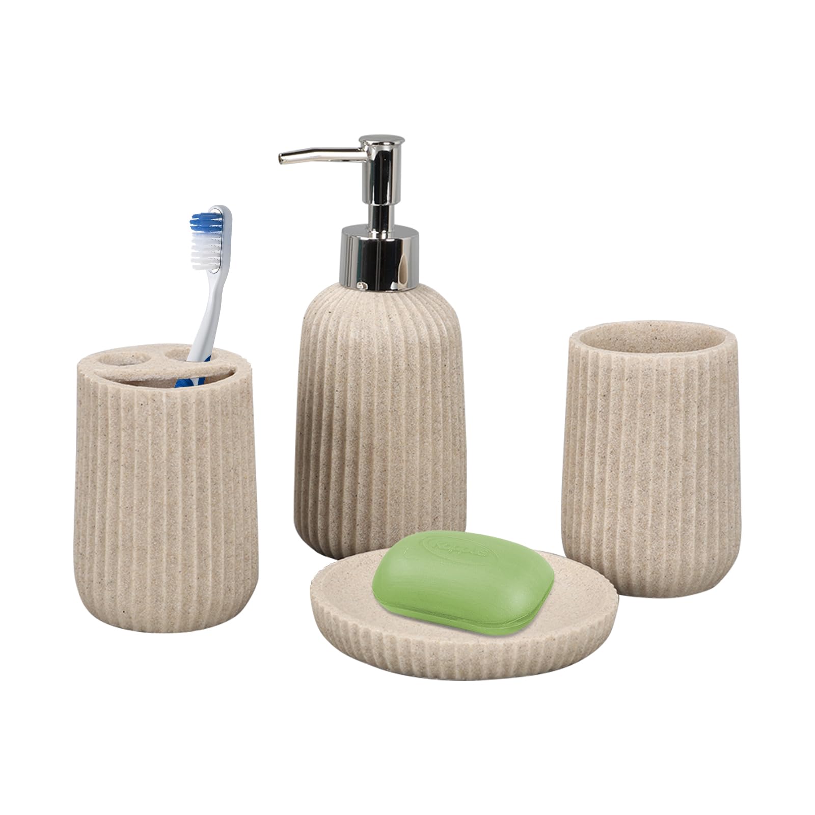 Tefola Juego de Baño de Resina de - 4 Piezas - Botella de Loción de 250 ml, Vaso para Enjuague Bucal, Soporte para Cepillo de Dientes, Jabonera - Juego de Accesorios de Baño - Beige