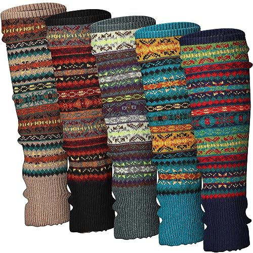 Liitrsh 5 Pairs Boho Long Leg Warmers for Women Girls Winter Wool Bohemian Leg Warmers with Crochet Flowers for Winter Xmas (Classic Color)