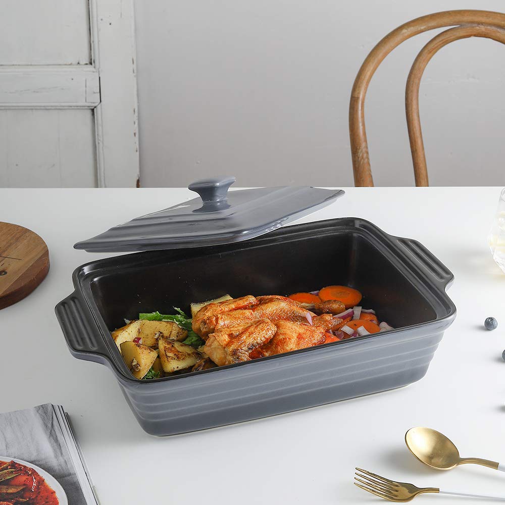 KOOV Keramik-Auflaufform mit Deckel, abgedecktes rechteckiges Set, Lasagnepfanne zum Kochen, Backform für Abendessen, Küche, 22,9 x 33 cm, Reaktive Glasur (Farbverlauf)
