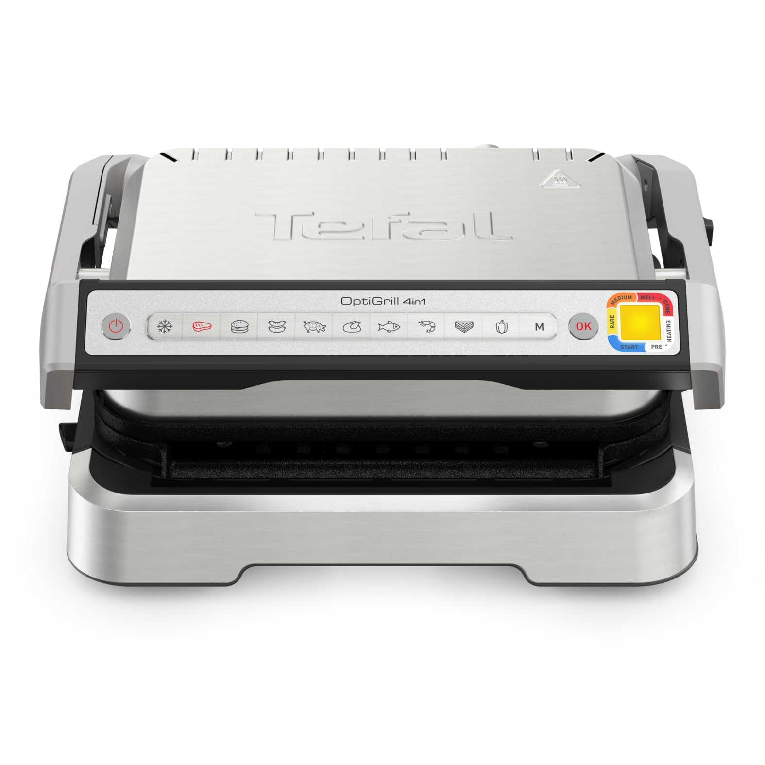 Tefal OptiGrill GC776D10 - Griglia a contatto 4 in 1 con vassoio, apribile, 9 programmi, indicatore del livello di cottura, griglia elettrica, forno, in acciaio inox/nero