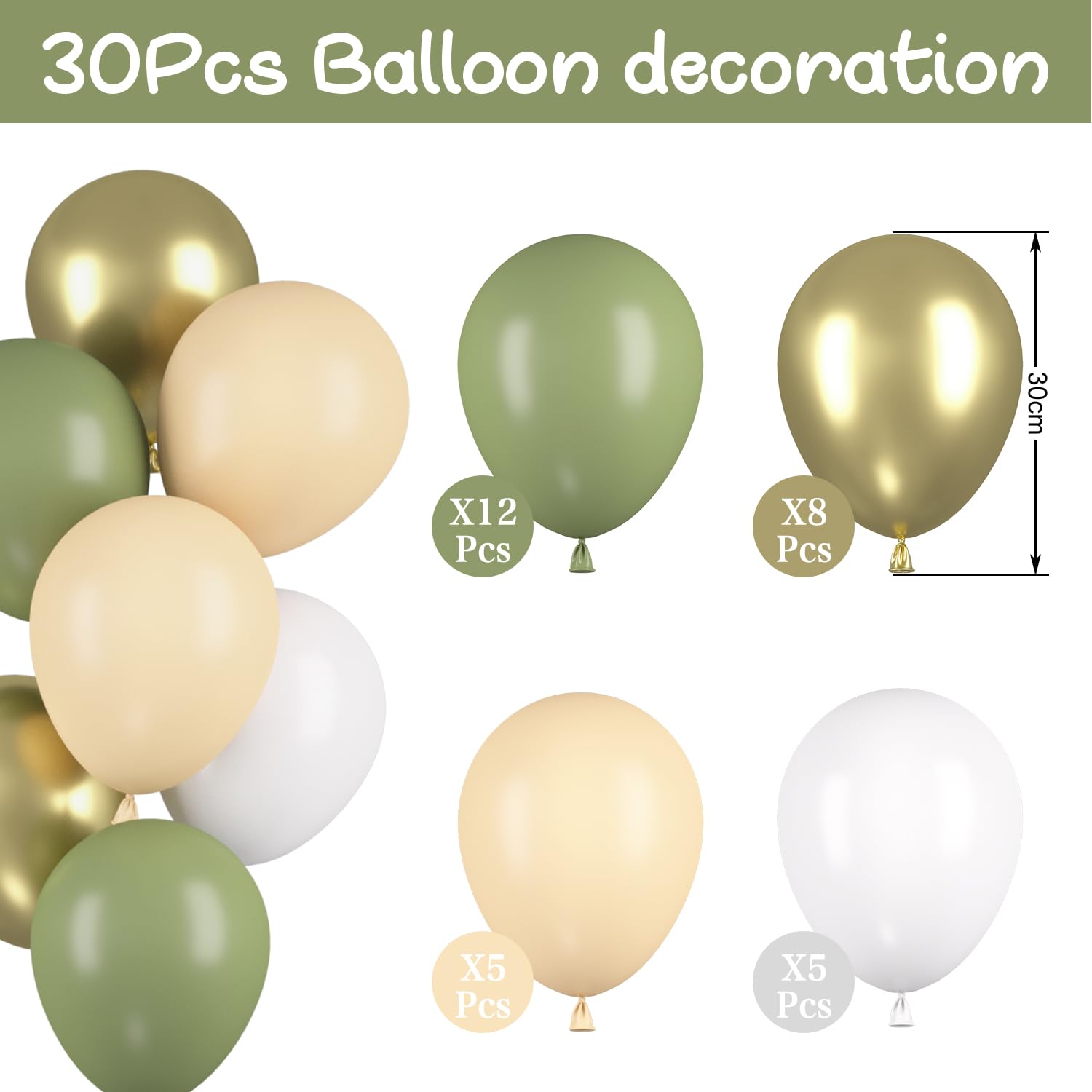 FUNTE Kit per arco di palloncini verde salvia, 122 pezzi, kit per arco di palloncini verdi con coriandoli bianchi color crema oro e salvia, kit per decorazioni per baby shower, compleanni, lauree