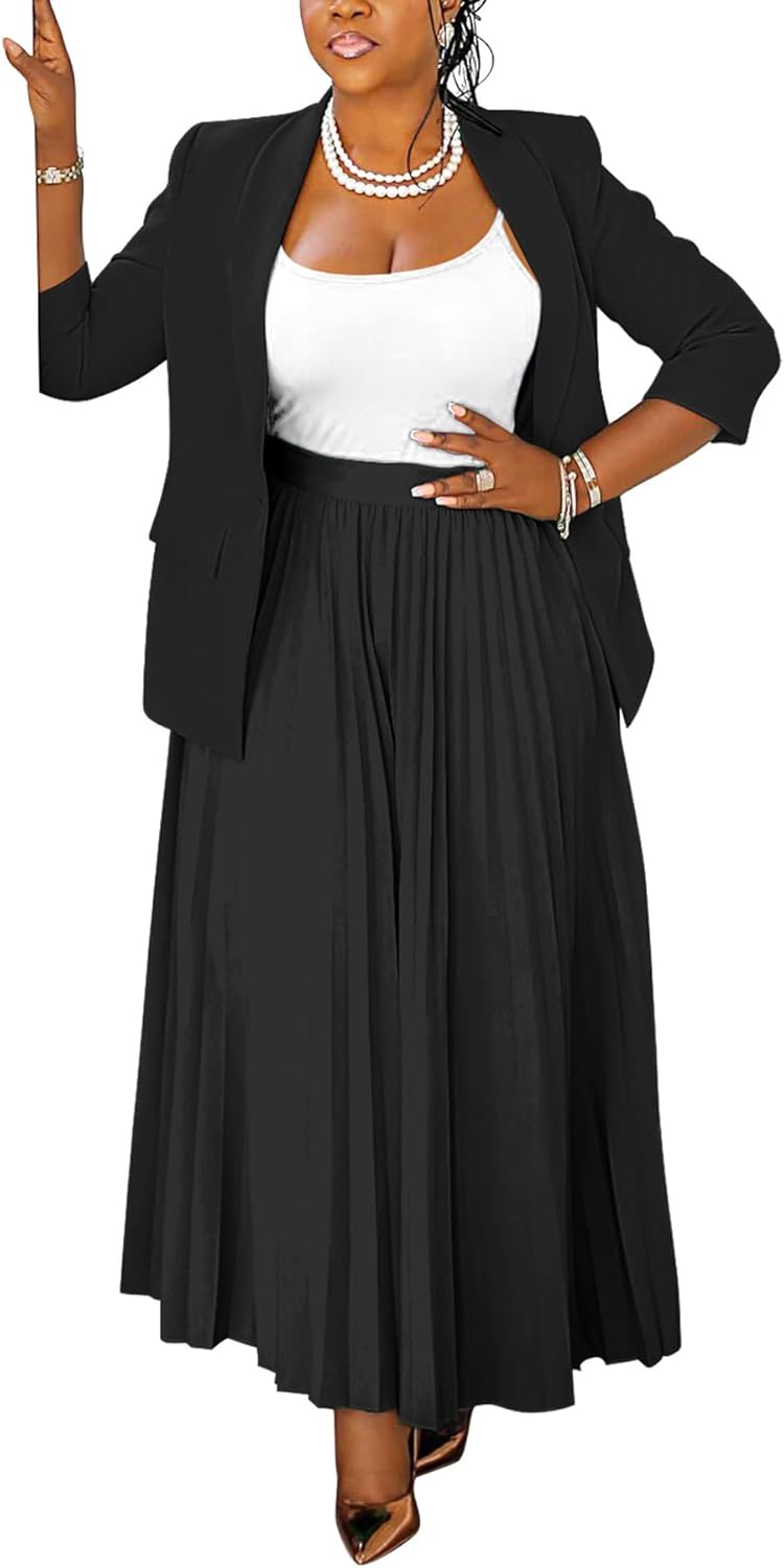 Women's Plus Size 2 Piece Outfits Casual Open Front Blazer and High Waist Pleated Maxi Skirt Sets Business Suits - Image 3