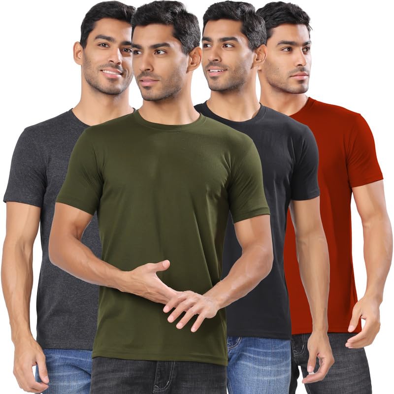 London Hills Men's Cotton Blend Regular Fit Solid Round Neck Half Sleeve T-Shirts - Pack of 4