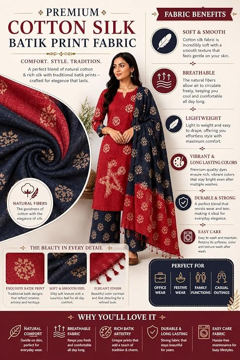 Image of STB-SILK TEXTILES BHAGALPUR Salwar Suit Cotton Silk Batik Print Dress Material Unstitched Suits Piece With Dupatta Dress material for women & girls