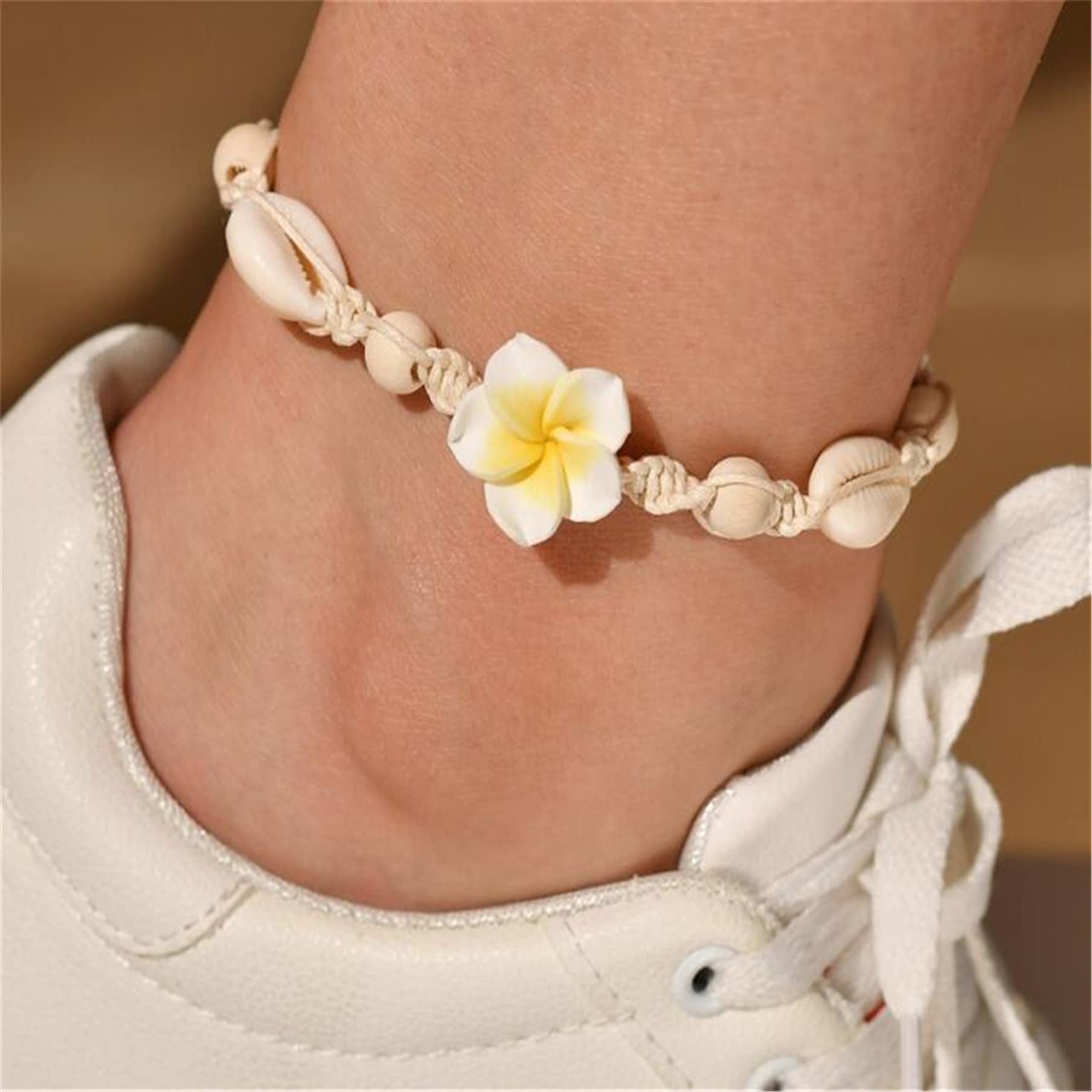 Cavigliere sexy con fiore bianco Shell regolabile cavigliere catena spiaggia gioielli piede per donne e ragazze bohemien tessuto cavigliera moda