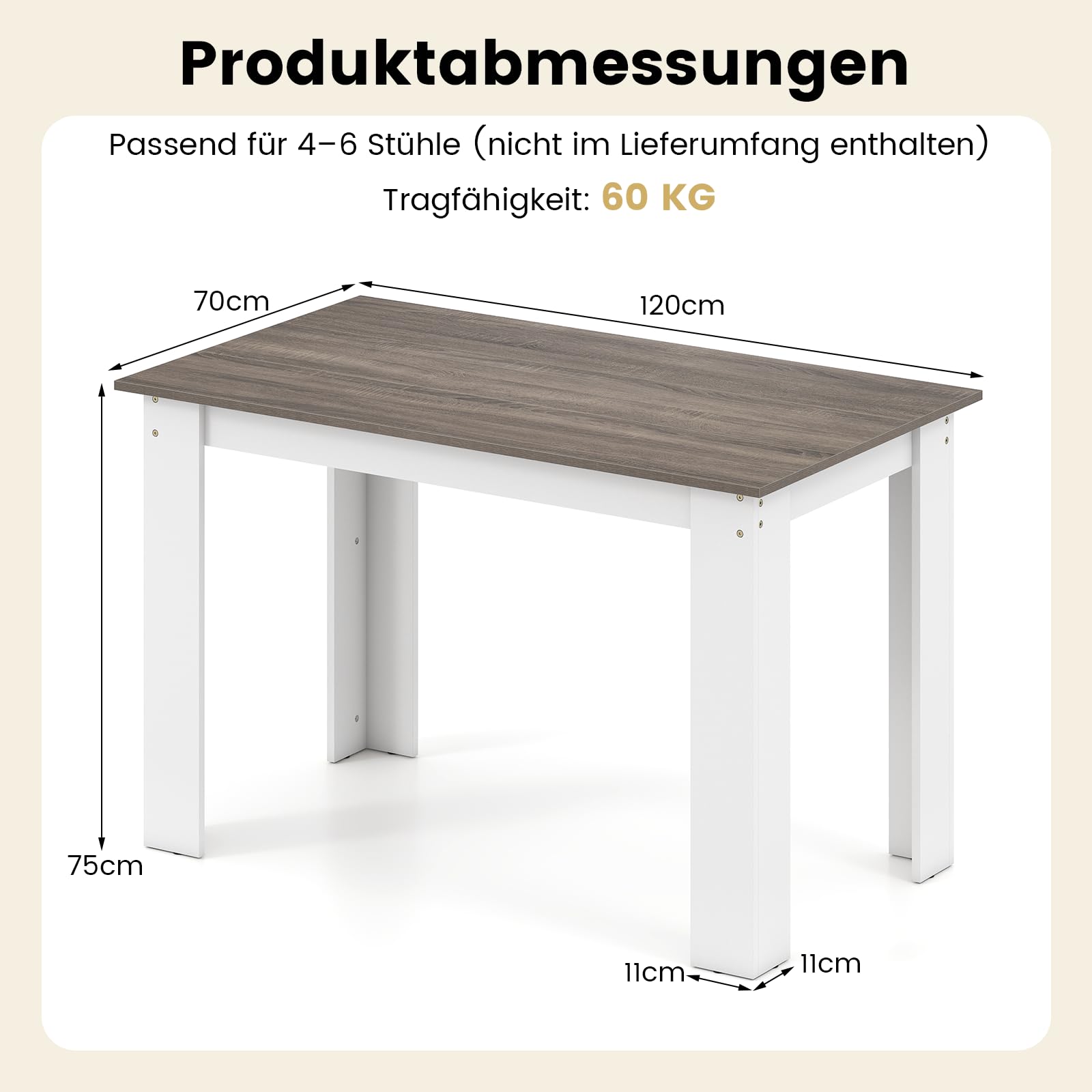 COSTWAY Stół do jadalni dla 4-6 osób, stół do jadalni 120 x 70 cm, drewniany stół kuchenny, prostokątny, stół do jadalni, salonu i gabinetu