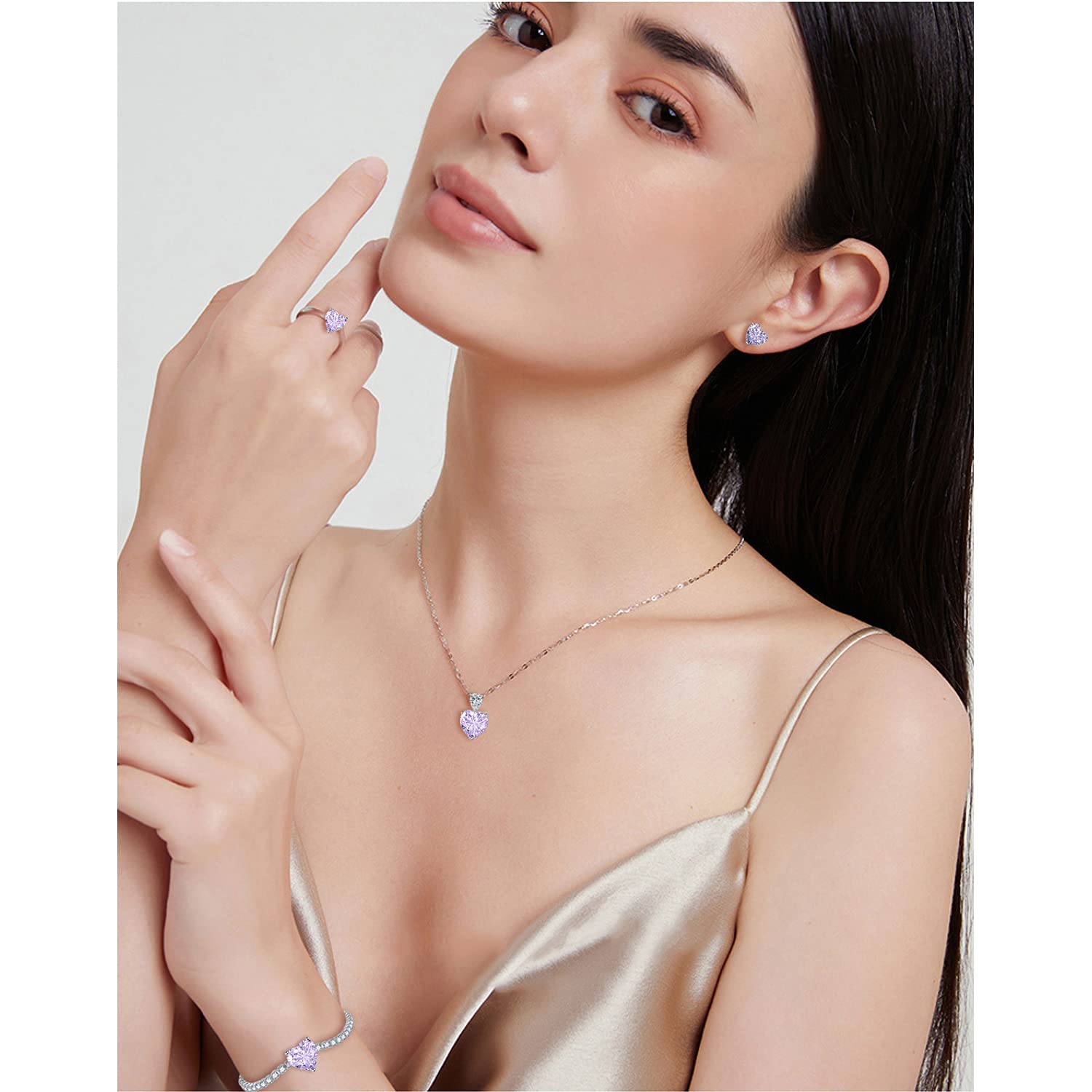 Juego de joyas de plata para mujer, 4 unidades, plata de ley 925, corazón, amor, collar, pendientes, pulsera, anillos, colgante con cadena de plata de 45 cm, pendientes y pulsera y anillos con
