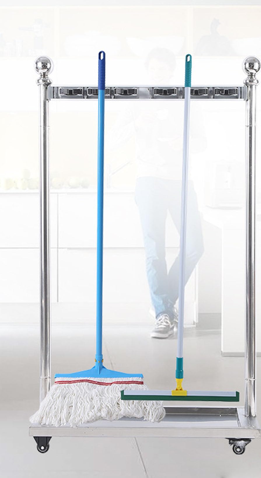 Support de vadrouille Suspendu au Sol, Balai de Balcon, étagère de Rangement Mobile sur Pied en Acier Inoxydable, pour serpillière Humide, freinable