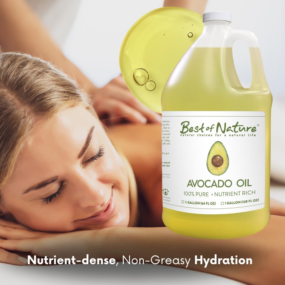 Best of Nature 100% Pure Avocado Oil – Natural Massage Oil, Moisturizing Body & Hair Oil, Unscented Skincare & Carrier for Essential Oils, Half Gallon (64 Fl Oz) - Image 2