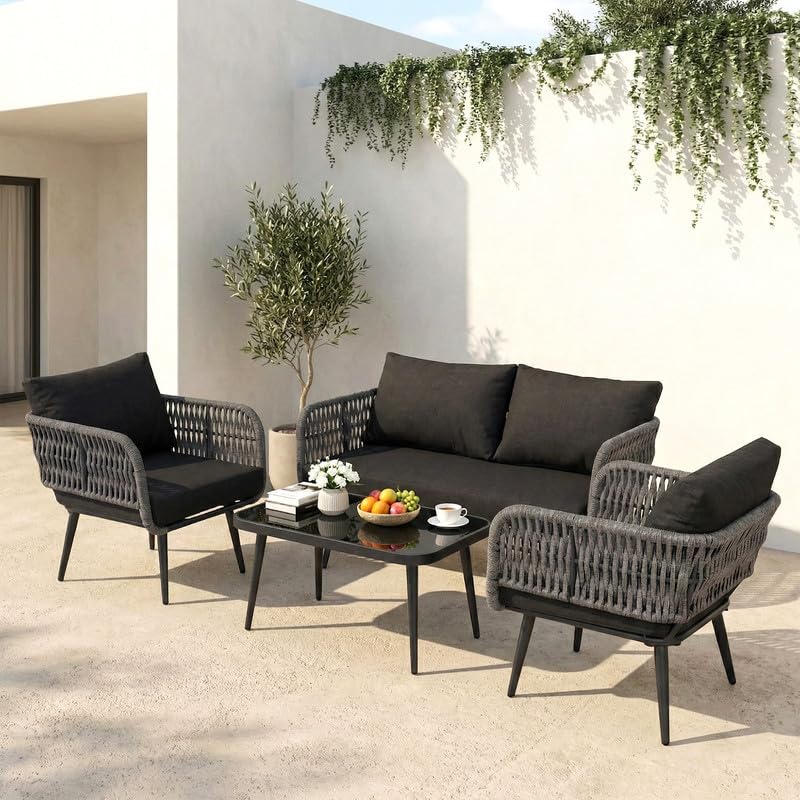 Image of OUTLIVING Outdoor Sofa Set || Balcony Sofa || Patio Furniture Sets | Conversation Sets | Braid & Rope Garden Seater Sofa Set and Center Table (4 Seater Black-Grey)