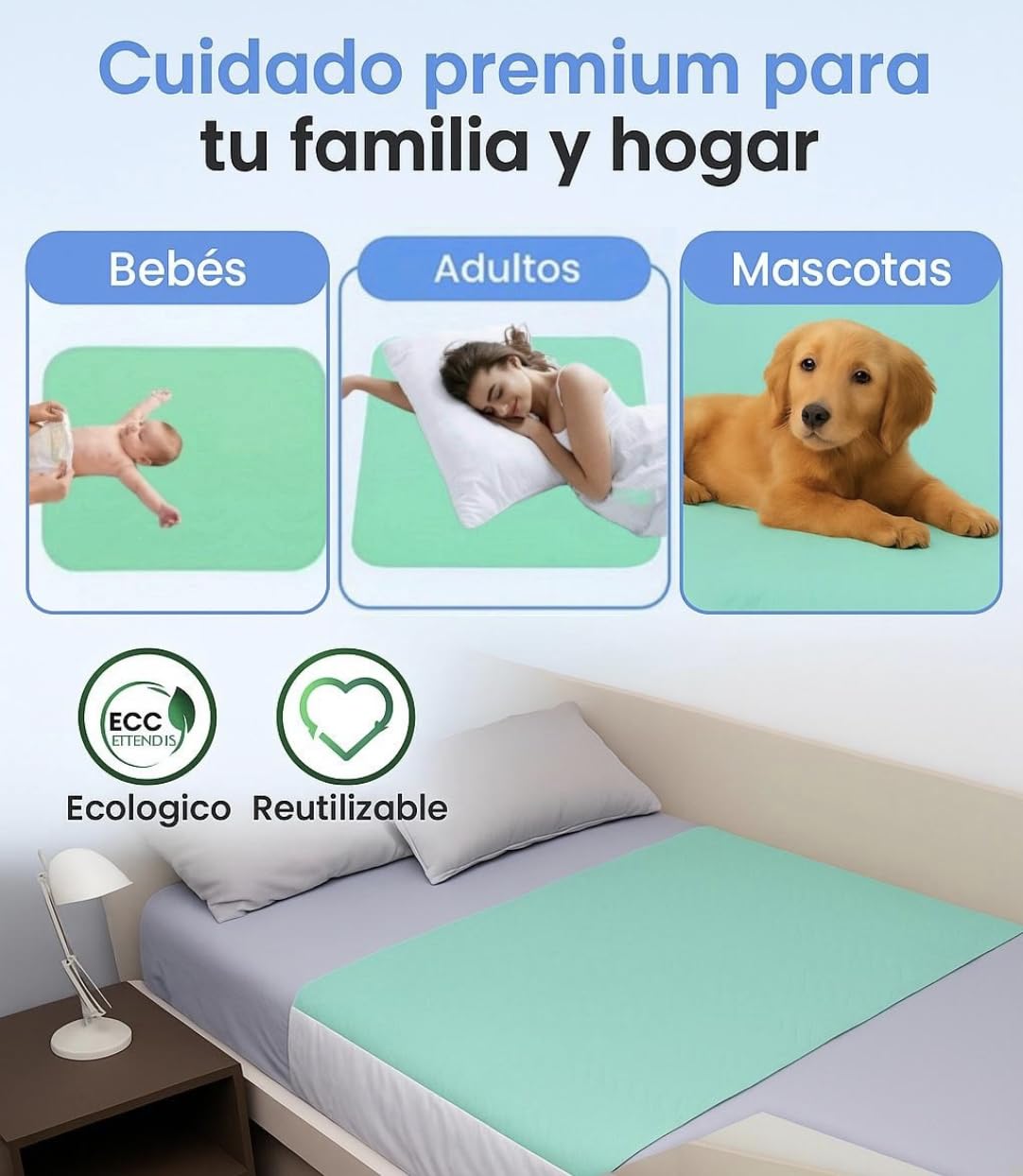 Empapadores Cama Adultos Lavables 90x75 cm con alas de 50 cm (Pack 2) - 4 Capas de protección - Reutilizables, Impermeables y Transpirables - Fabricados en España