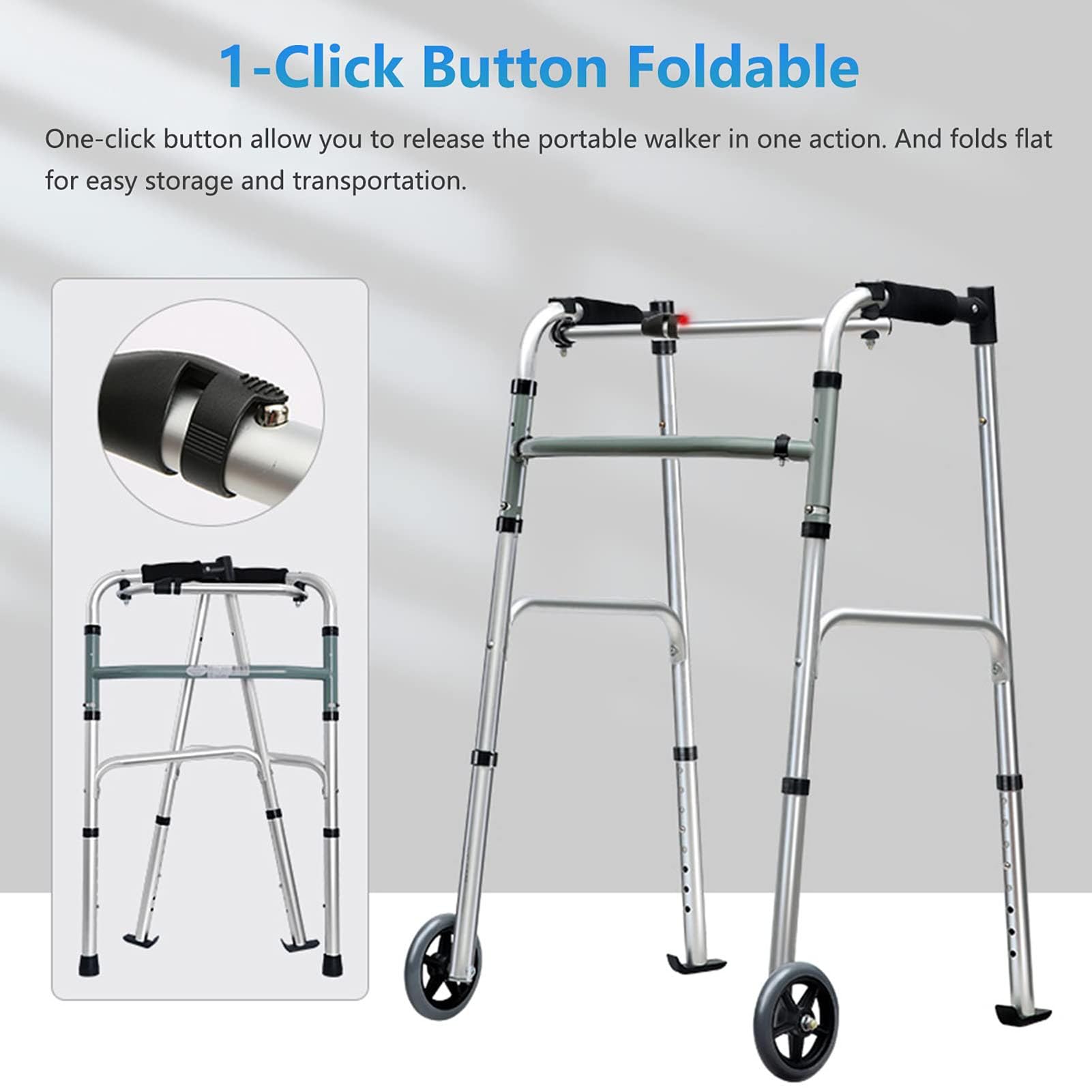 Andador Portátil para Adultos, Andador con Ruedas, Altura Ajustable, Apoyabrazos y Respaldo Acolchados, Andador Médico Ideal para Personas Discapacitadas, 8 Niveles de Altura