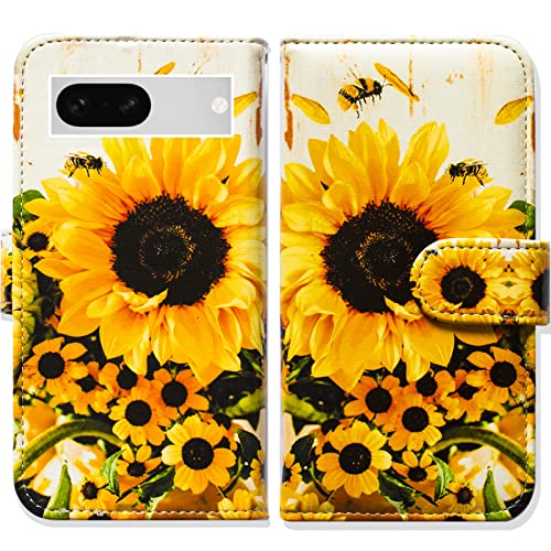 Bcov Pixel 7a Case,Sunflower Bee Flip Phone Case Wallet Cover with Card Slot Holder Kickstand for Google Pixel 7a