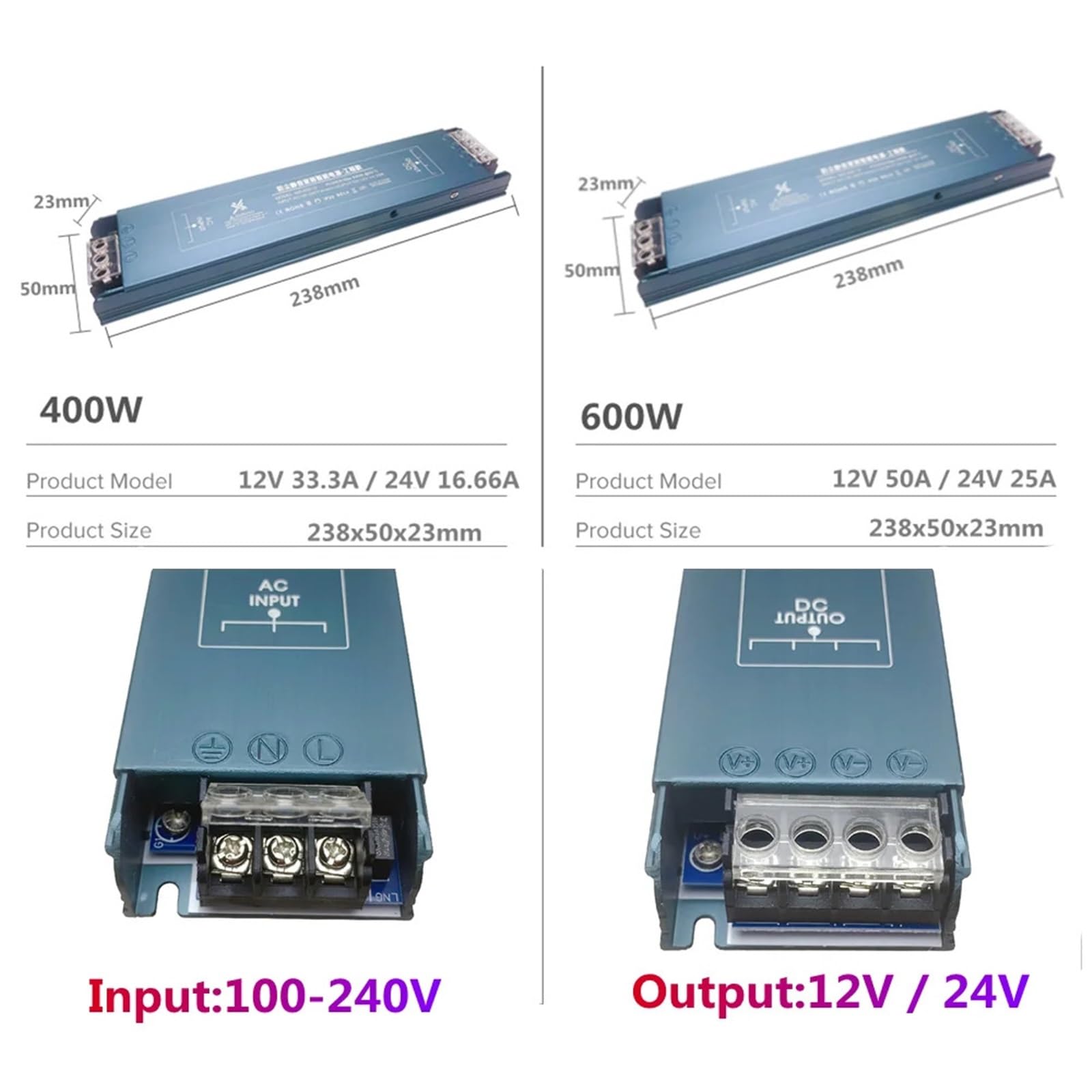 Ultra cienki zasilacz LED, transformator oświetlenia, 12 V, 24 V, 100 W, 150 W, 200 W, 300 W, 400 W, 600 W, sterownik AC85-265 W, do taśm świetlnych LED (600 W, DC 24 V)