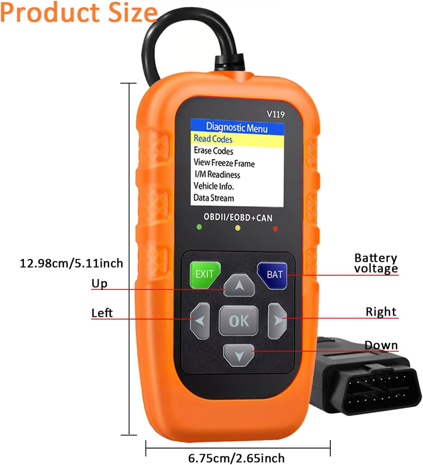 Dimensions of the V119 OBD2 Scanner