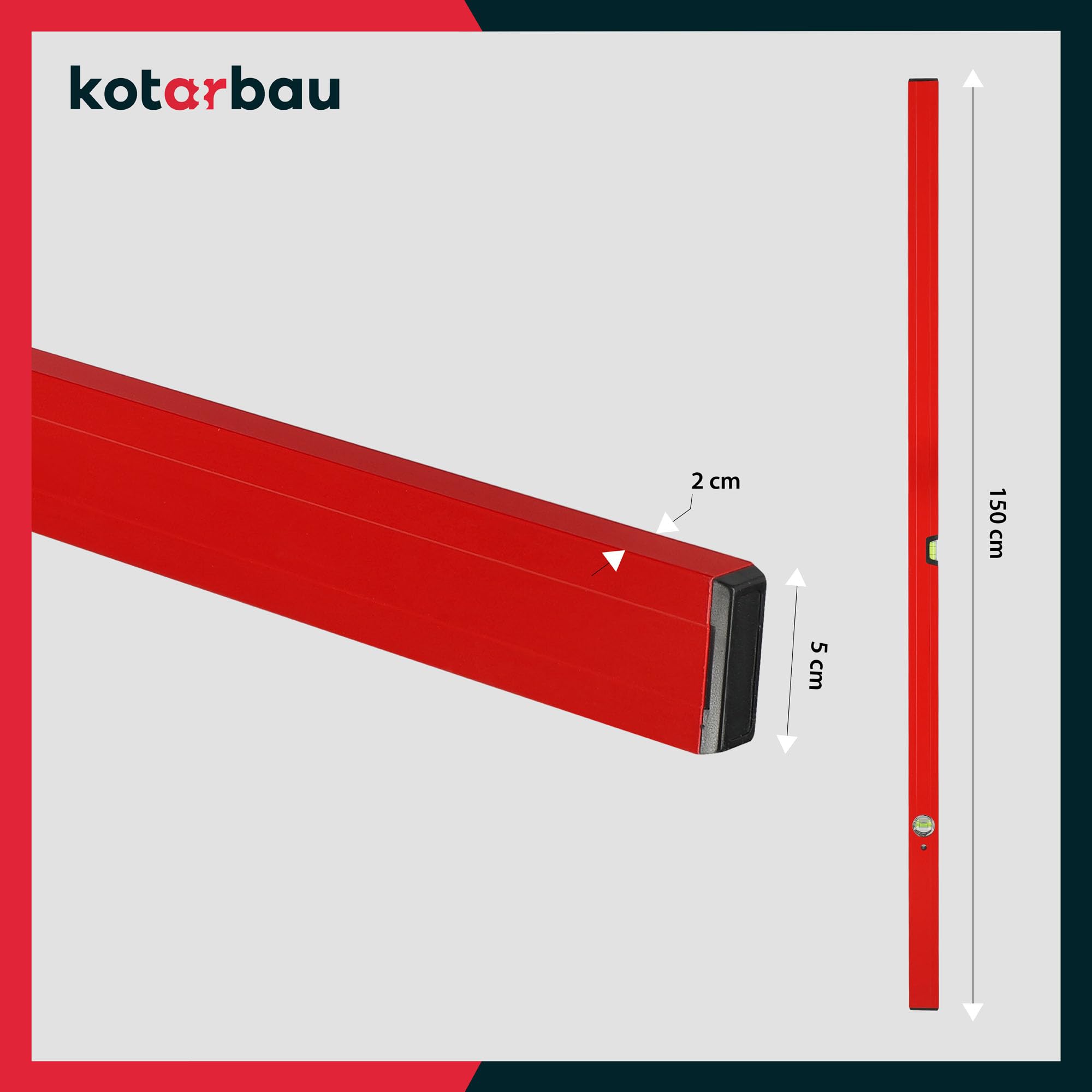 KOTARBAU® Nivel de Burbuja, 150 cm, Aluiminio, Color Rojo, 2 fiolas para mediciones en Horizontal y Vertical, Herramienta de Nivelación