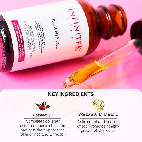 Miniatura 6 de Infinitek Aceite de rosa mosqueta de París, 1 onza líquida, aceite facial hidratante y reparador con vitamina E, aceite de rosa para la cara,