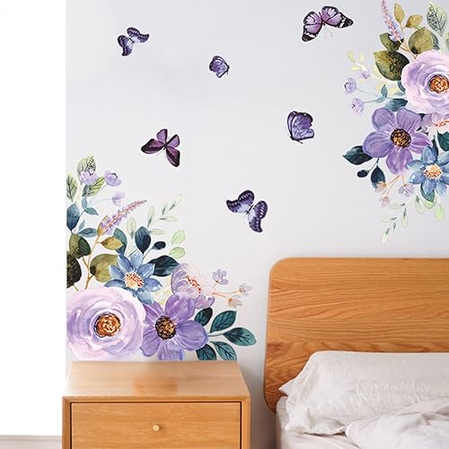 Miniatura 6 de Calcomanías de pared de flores moradas calcomanías de pared de flores de acuarela mariposas y plantas naturales vinilo extraíble para despegar y