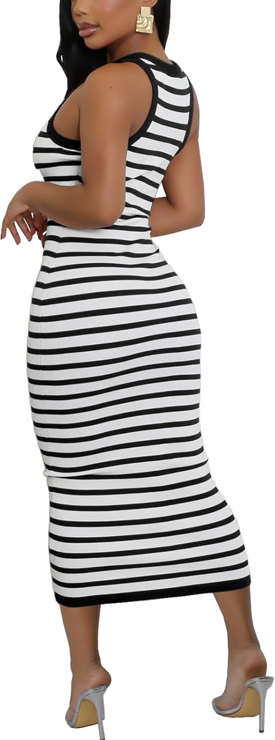 Sleeveless Striped Bodycon Tank Dress for Women Slim Fitted Summer Ribbed Pencil Midi Dresses - Image 5