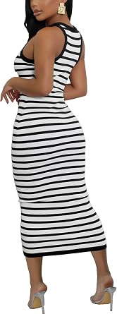 Sleeveless Striped Bodycon Tank Dress for Women Slim Fitted Summer Ribbed Pencil Midi Dresses