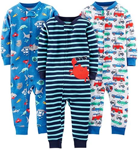 Simple Joys by Carter's Baby Boys' Snug-Fit Footless Cotton Pajamas, Pack of 3, Blue/Teal Blue/White, Cars/Crab, 18 Months