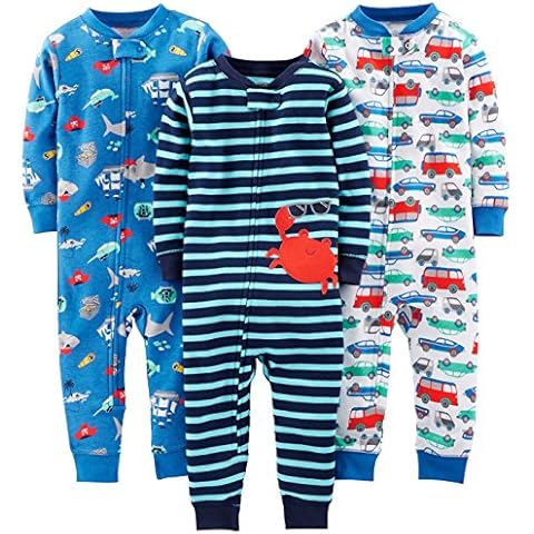 Simple Joys by Carter's Baby Boys' Snug-Fit Footless Cotton Pyjamas, Pack of 3, Blue/Teal Blue/White, Cars/Crab, 18 Months Cover