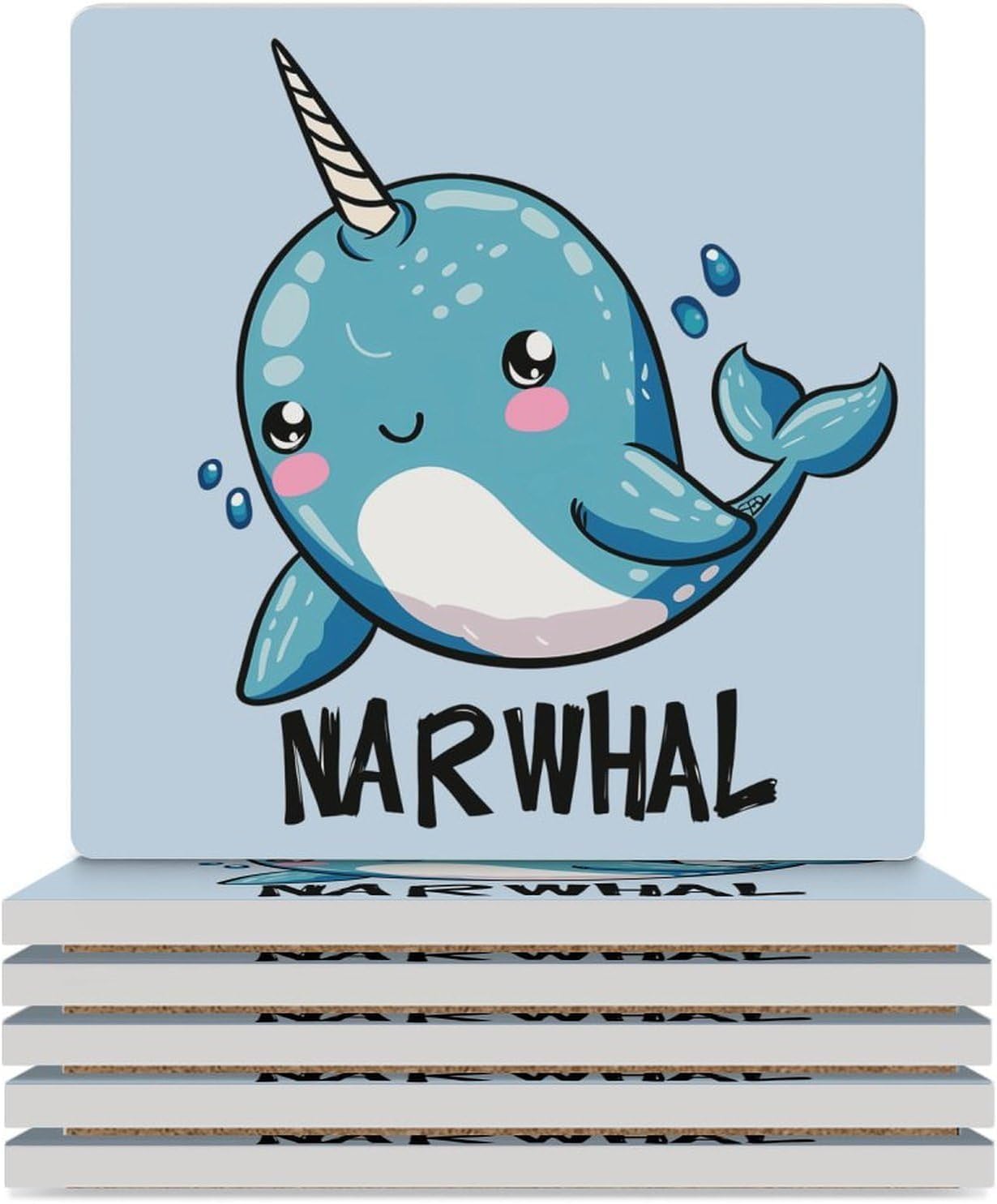 Blue Narwhal Coaster for Drinks Square Ceramic Table Coasters Stone Mat Crafts 4PCS Home Kitchen Decor