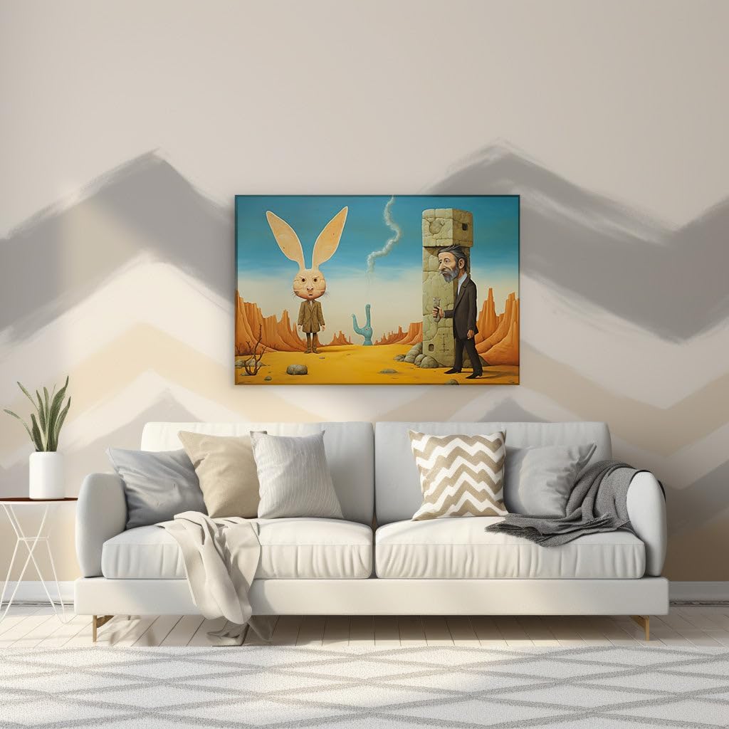 Canvas for Living Room. Mysteries in The Sands: The Encounter of The Rabbit-Headed Entity and The Scientist, 27 x 18 inch Canvas Wall Art - Flower Pattern - Modern Home Decor
