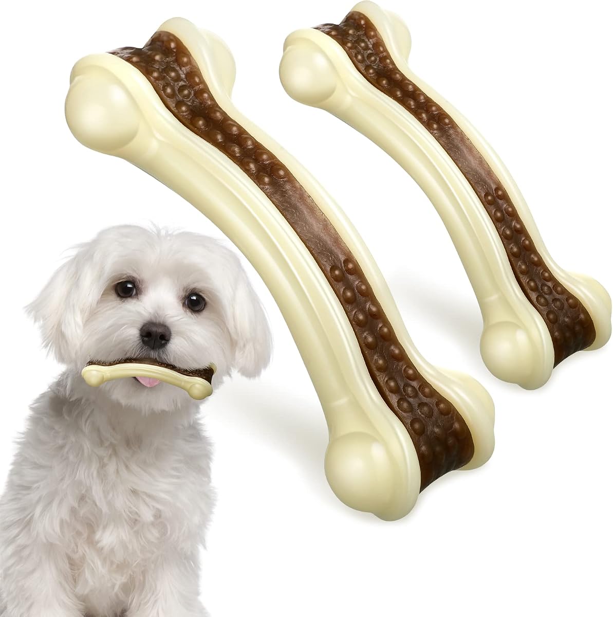 Sosation 2 Pack Dog Bones for Aggressive Chewers,Curved Bone,Medium, Small | Nylon Beef Flavor, Textured Curved Design Ideal for Teething, Durable Chew Toy Prevents Destructive Behavior, Puppy Safe