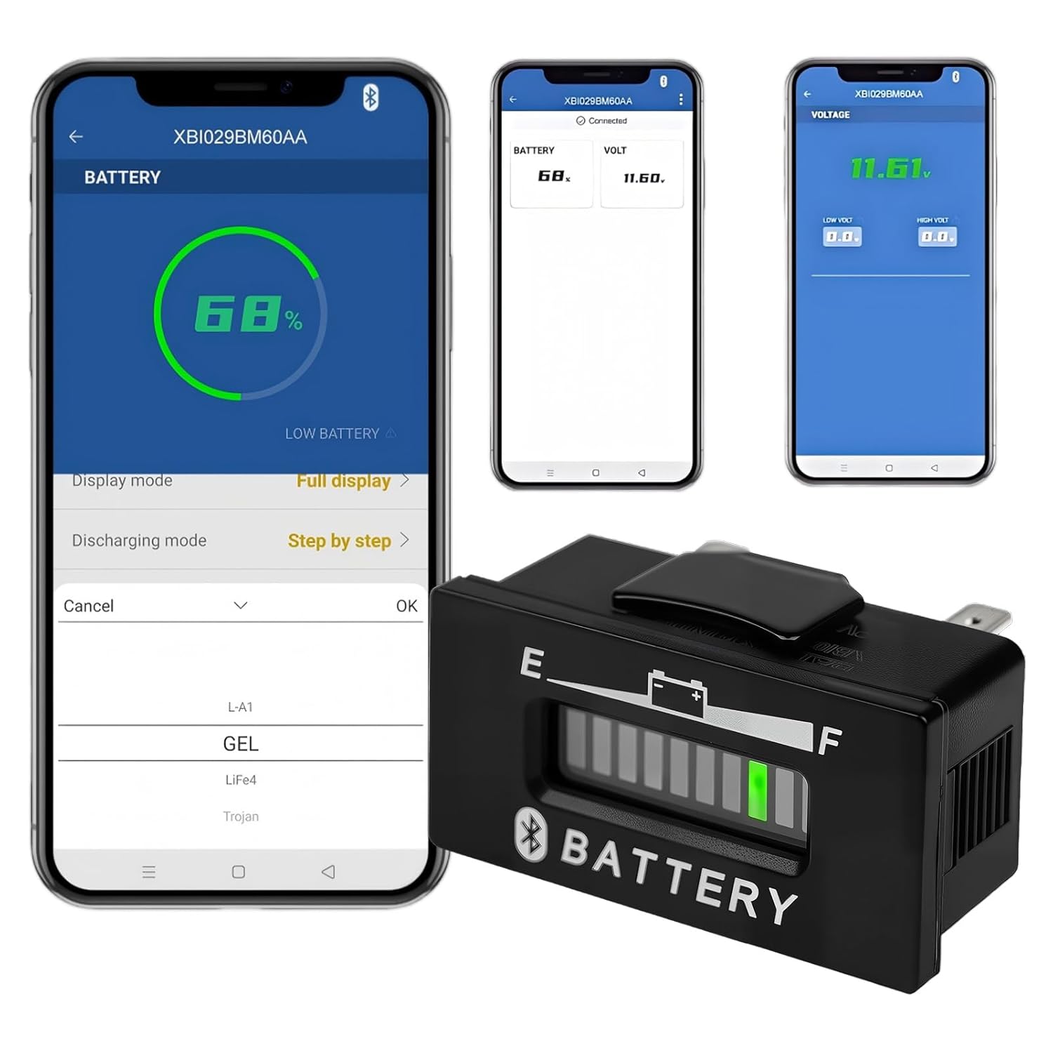 Runleader RL-BI029-BT DC 12V to 48V Bluetooth Operated Battery Indicator Volt Meter, Works for Lead Acid,Gel,AGM,Trojian,LiFePO4 and 18650 Lithium Batteries.