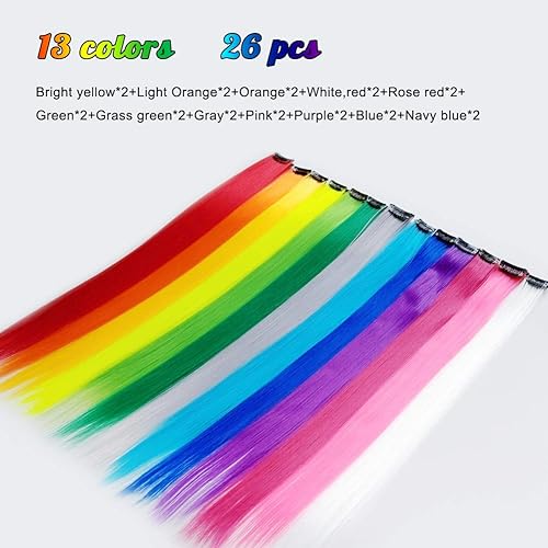 Miniatura 4 de Paquete de 26 extensiones de cabello sintético con clip de colores para niñas 20 pulgadas varios colores lacio para fiestas 13 colores