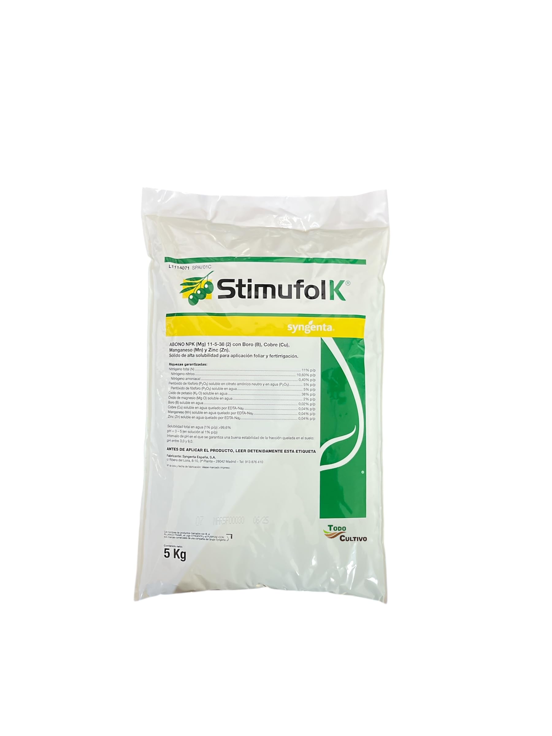Abono foliar NPK 11-5-38 + microelementos 5kg. Fertilizante rico en potasio con boro, cobre, manganeso y zinc. STIMUFOL-K SYNGENTA