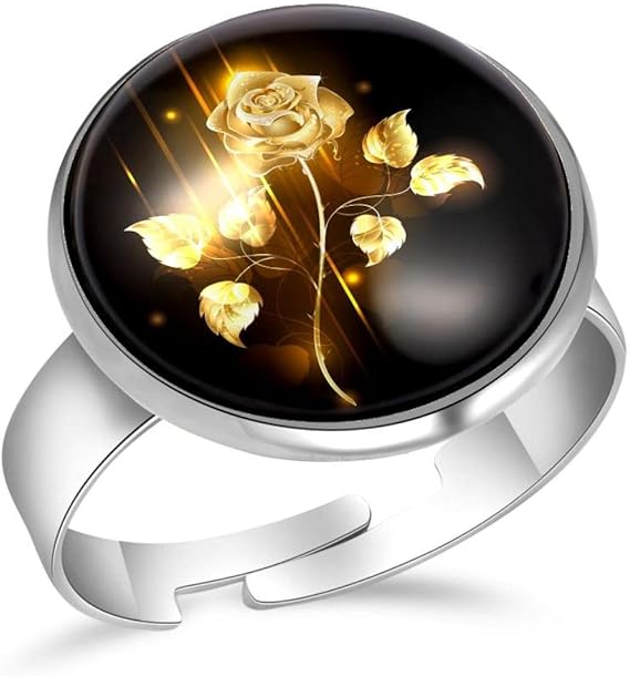 Amazon 女性のための指輪 燃えるような黄金のバラの花 ステンレス鋼リング水晶ガラスリング リング 通販