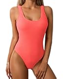 Limeeke Women One Piece Swimsuit Solid Ribbed Monokini Swimwear Scoop Neck Low Back Bathing Suit