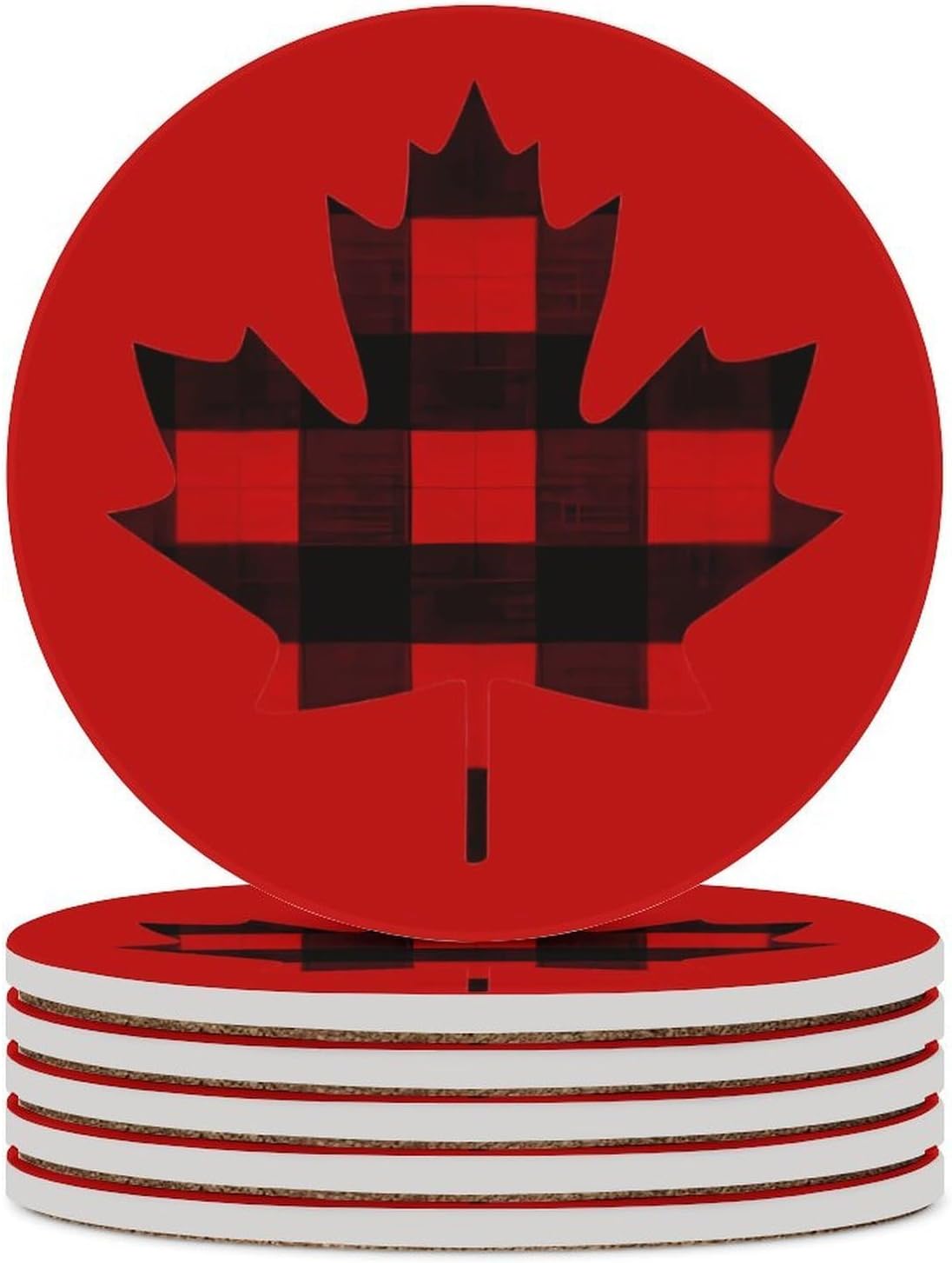 Maple Leaf in Plaid Round Ceramic Coasters for Drinks Absorbent Cup Holder Tabletop Protector with Cork Base