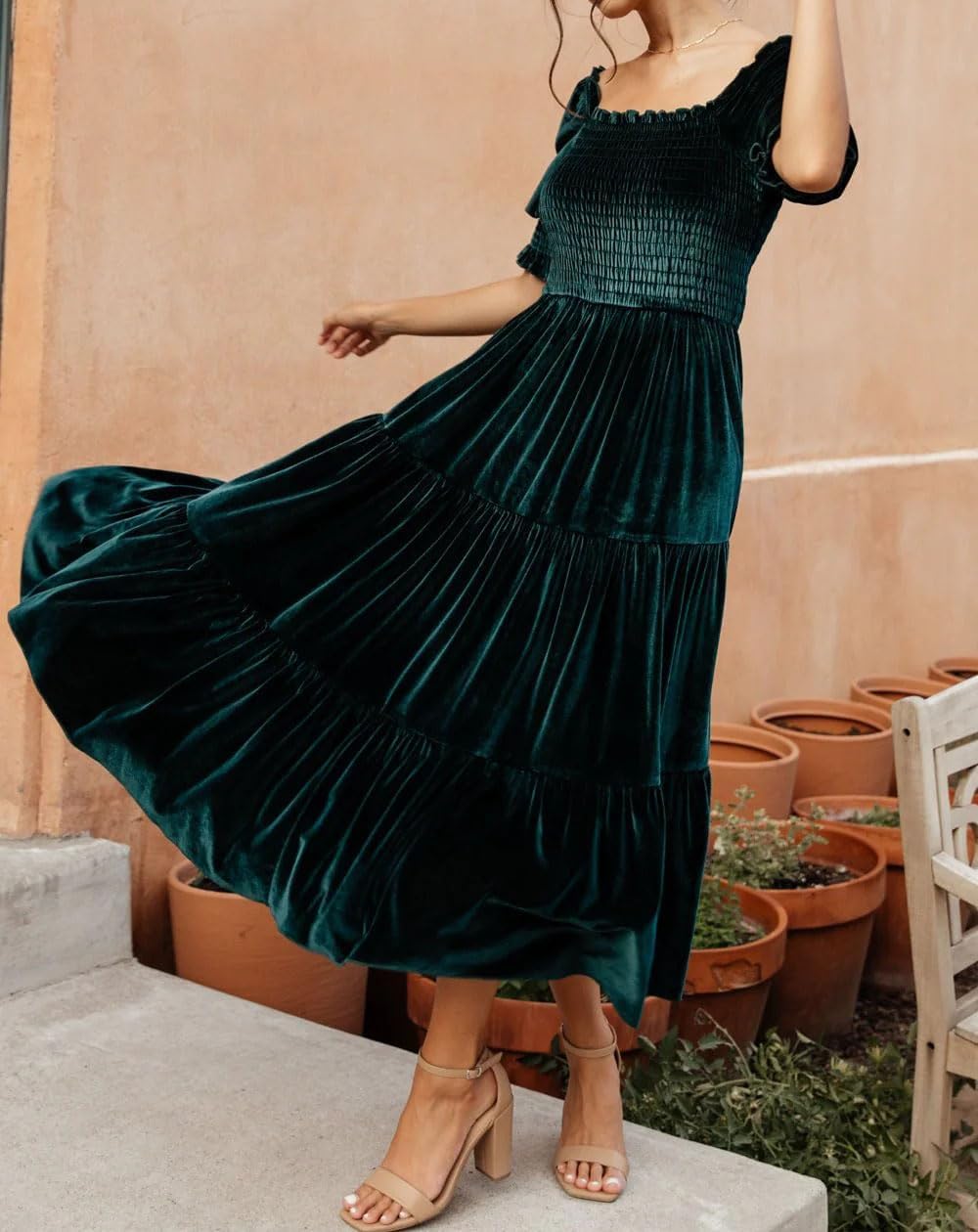R.Vivimos Womens Fall Winter Velvet Dress Puff Sleeve Square Neck Smocked Tiered Ruffle A-Line Flowy Midi Dress - Image 4
