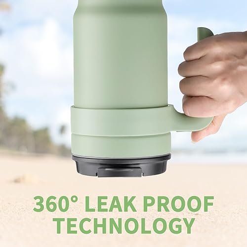 Miniatura 6 de Vaso de 40 onzas con asa, tapa abatible y popote, doble forma de beber, doble pared aislada al vacío, botella de agua a prueba de fugas para viajes