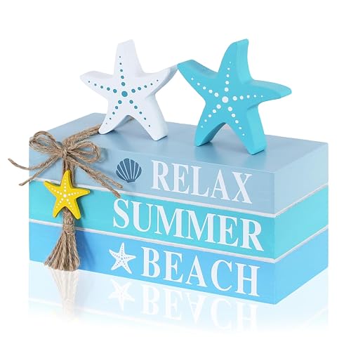 DECSPAS Beach Summer Table Decor, Starfish Wooden Stacked Books Sign